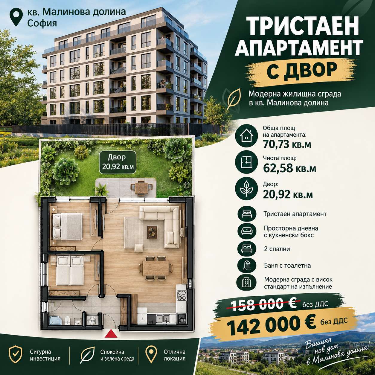 Тристаен апартамент с двор в новата сграда на Aspen Invest